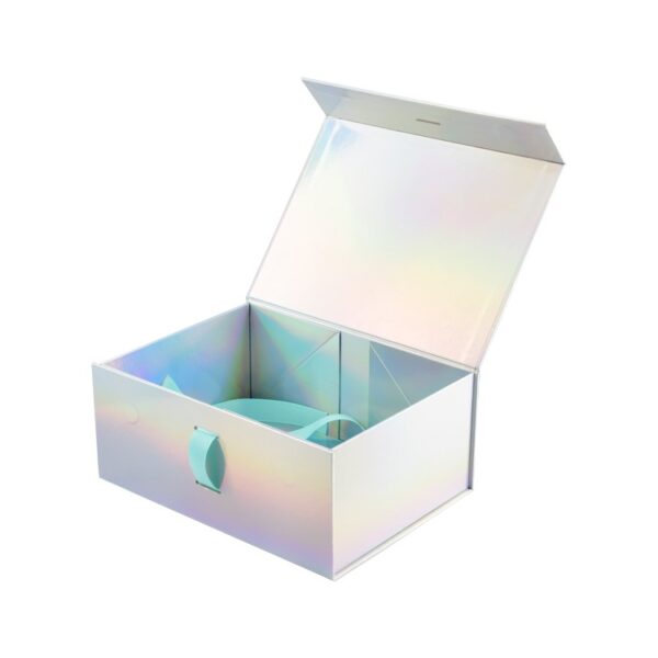 Luxury Handmade Holographic Collapsible Magnetic Gift Box Rainbow A5 Deep Gift Boxes with Silk Ribbon