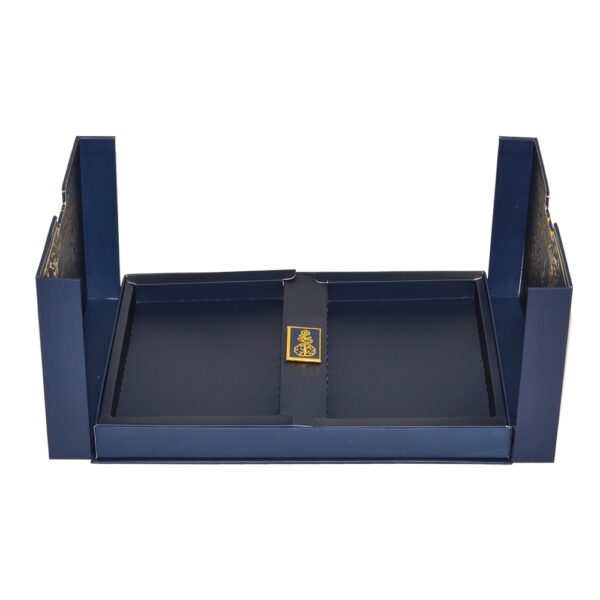 Luxury Navy Blue Color Double Doors Open Cardboard Packaging Gift Box With Full Gold Hot Foil Stamping