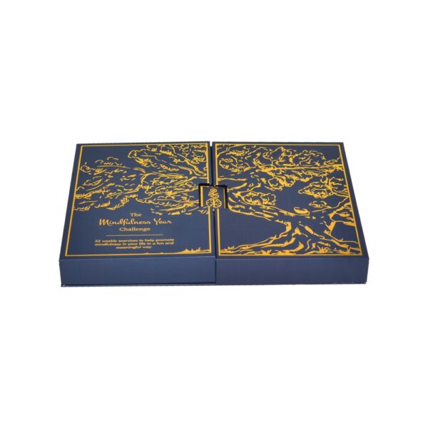 Luxury Navy Blue Color Double Doors Open Cardboard Packaging Gift Box With Full Gold Hot Foil Stamping