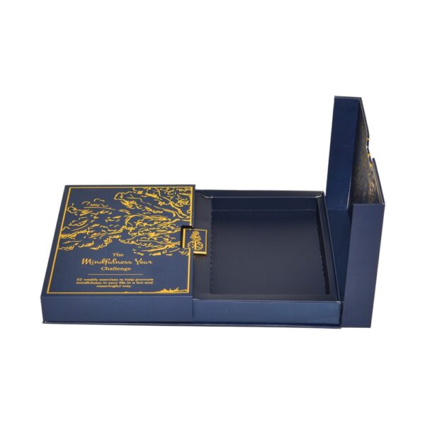Luxury Navy Blue Color Double Doors Open Cardboard Packaging Gift Box With Full Gold Hot Foil Stamping