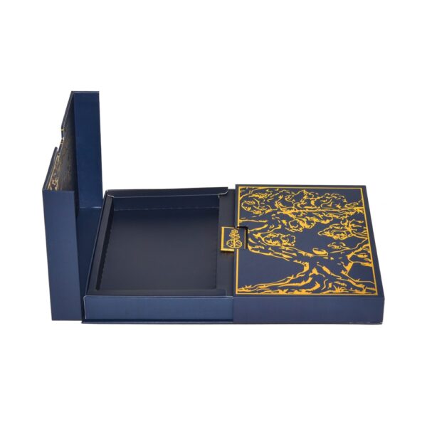 Luxury Navy Blue Color Double Doors Open Cardboard Packaging Gift Box With Full Gold Hot Foil Stamping