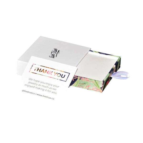 Scatola di carta aperta scorrevole all'ingrosso di lusso per l'imballaggio di gioielli con carta di ringraziamento e supporto di cartone