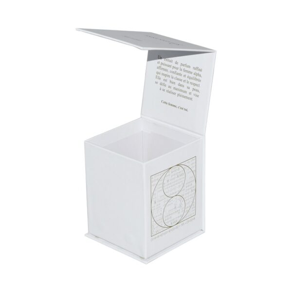 Matte White Flap Lip Rigid Cardboard Magnetic Gift Box for Perfume Packaging with Gold Hot Foil Patterns