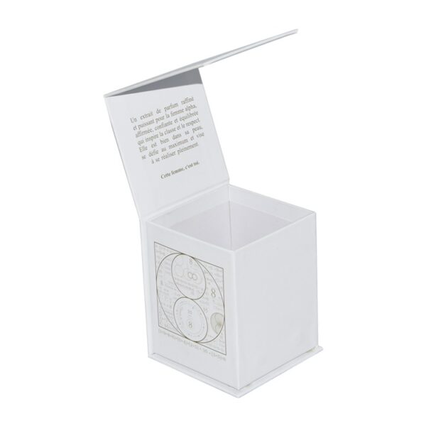 Matte White Flap Lip Rigid Cardboard Magnetic Gift Box for Perfume Packaging with Gold Hot Foil Patterns