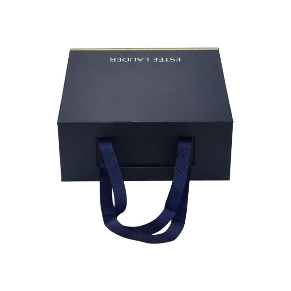 Navy Blue Magnetic Gift Boxes with Changeable Ribbon Estee Lauder Gift Packaging Box with Shredded Paper Fillers