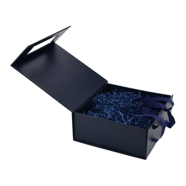 Navy Blue Magnetic Gift Boxes with Changeable Ribbon Estee Lauder Gift Packaging Box with Shredded Paper Fillers