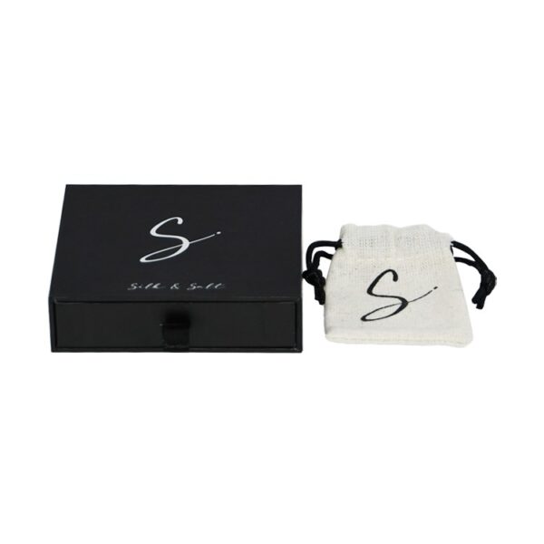 Personalized Paper Drawer Slider Box for Jewelry Packaging with Jute Bags and Silver Hot Foil Stamping Logo