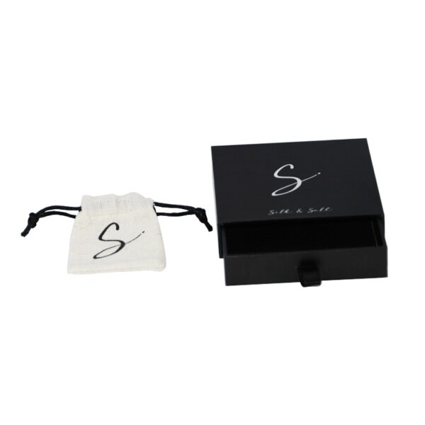 Personalized Paper Drawer Slider Box for Jewelry Packaging with Jute Bags and Silver Hot Foil Stamping Logo