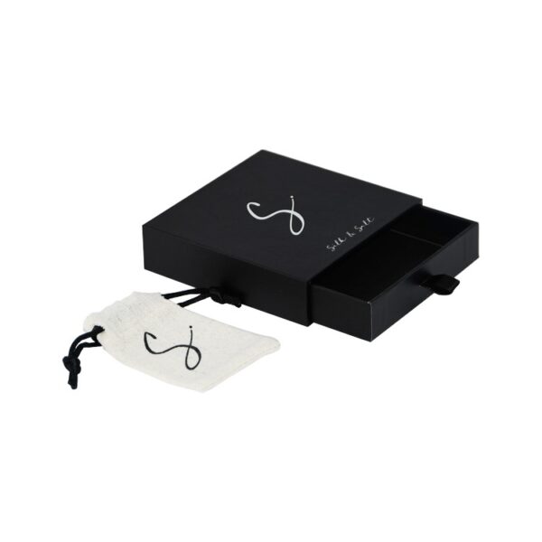 Personalized Paper Drawer Slider Box for Jewelry Packaging with Jute Bags and Silver Hot Foil Stamping Logo
