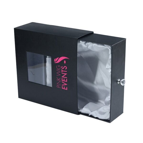 Satin Lined Wigs Packaging Box Human Virgin Hair Extension Drawer Gift Box with Diamond Knob and Clear Window