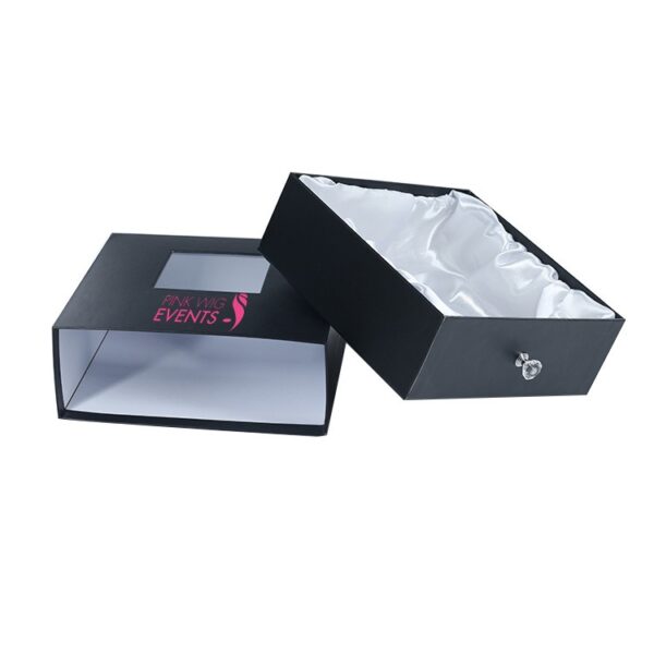 Satin Lined Wigs Packaging Box Human Virgin Hair Extension Drawer Gift Box with Diamond Knob and Clear Window