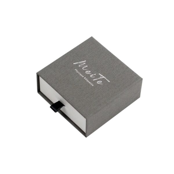 Texture Paper Sliding Drawer Gift Box for Jewelry Packaging with Leather Handle and Silver Hot Foil Stamping Logo