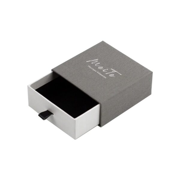 Texture Paper Sliding Drawer Gift Box for Jewelry Packaging with Leather Handle and Silver Hot Foil Stamping Logo