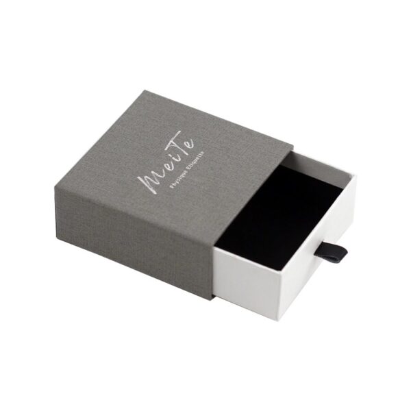 Texture Paper Sliding Drawer Gift Box for Jewelry Packaging with Leather Handle and Silver Hot Foil Stamping Logo