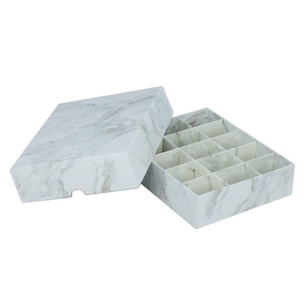 White Marble Pattern Rigid Setup Lid and Base Paper Gift Boxes for Chocolate Packaging with 15 Cardboard Dividers