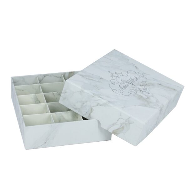 White Marble Pattern Rigid Setup Lid and Base Paper Gift Boxes for Chocolate Packaging with 15 Cardboard Dividers