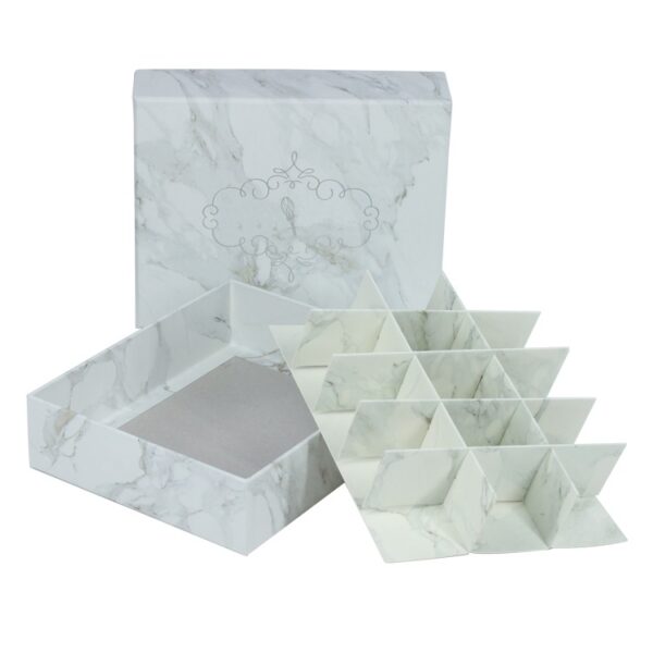 White Marble Pattern Rigid Setup Lid and Base Paper Gift Boxes for Chocolate Packaging with 15 Cardboard Dividers