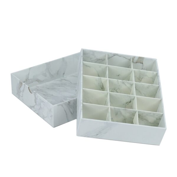 White Marble Pattern Rigid Setup Lid and Base Paper Gift Boxes for Chocolate Packaging with 15 Cardboard Dividers