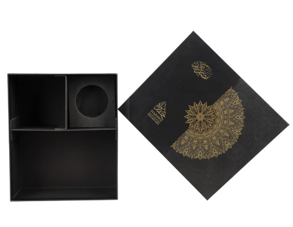 Boîte cadeau personnalisée en papier rigide noir avec motif en feuille d'or